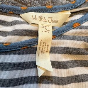 Matilda Jane Gray and white stripped tunic with orange polka dot detail.